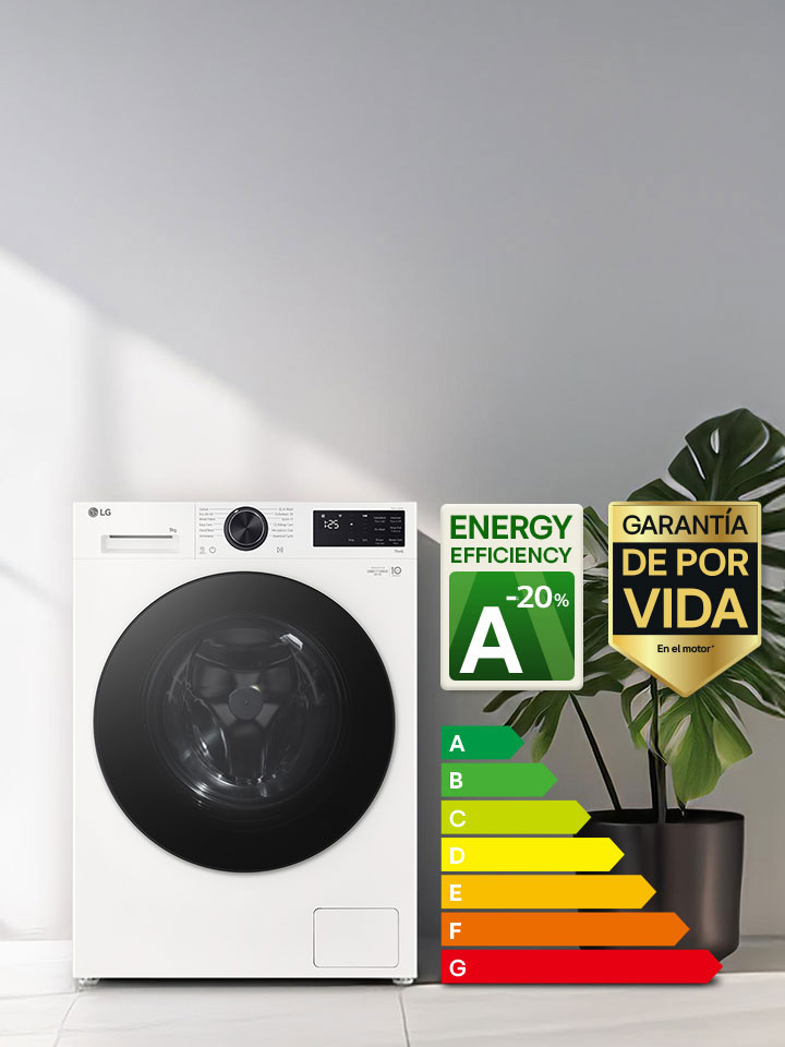 Imagen que muestra una lavadora en el salón con una calificación A de eficiencia energética junto a ella, que consume un 30 % menos de electricidad.