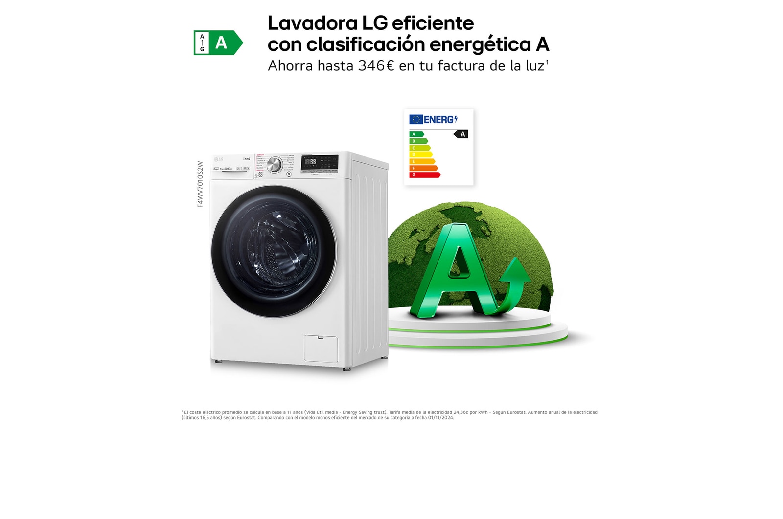 LG Lavadora inteligente AI Direct Drive 10.5kg, 1400rpm, Clasificación A, Blanca, Serie 700, F4WV7010S2W