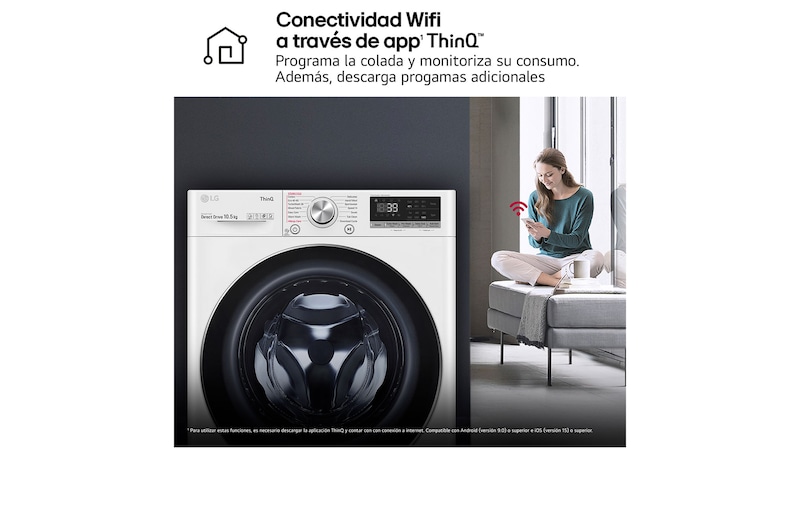 LG Lavadora inteligente AI Direct Drive 10.5kg, 1400rpm, Clasificación A, Blanca, Serie 700, F4WV7010S2W