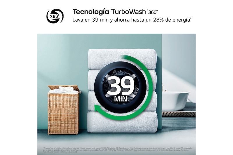 LG Lavadora Inteligente | LG F4X7009TBB, AI Direct Drive, TurboWash 360º, 9kg, 1400rpm, Serie 700, Un 40% más eficiente que A, Negro mate, F4X7009TBB