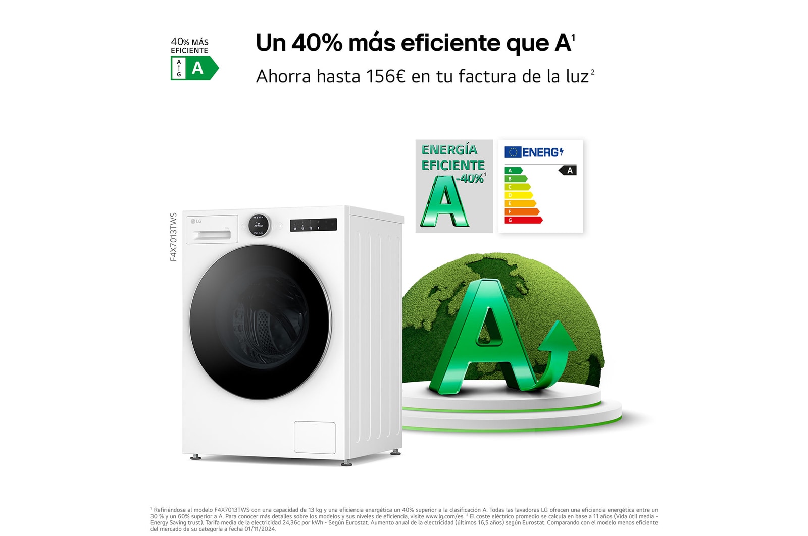 LG Lavadora Inteligente | LG F4X7013TWS, AI Direct Drive, TurboWash 360º, 13kg, 1400rpm, Serie 700, Un 40% más eficiente que A, Blanca, F4X7013TWS