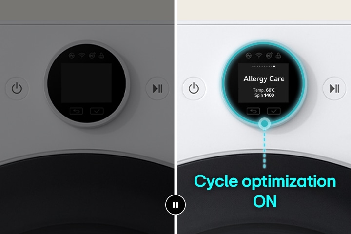 Una vez desactivada la función "Optimización del ciclo", se enciende la lavadora y se suceden las funciones de lavado. Después de detenerse en el programa Cuidado de alergias, se activa la optimización del ciclo y se establece automáticamente el programa Cuidado de alergias.
