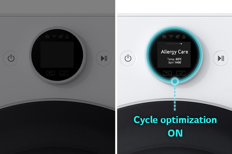 Una vez desactivada la función "Optimización del ciclo", se enciende la lavadora y se suceden las funciones de lavado. Después de detenerse en el programa Cuidado de alergias, se activa la optimización del ciclo y se establece automáticamente el programa Cuidado de alergias.