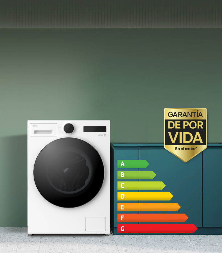 Hay gráficos e iconos de ahorro de energía junto a la lavadora.	