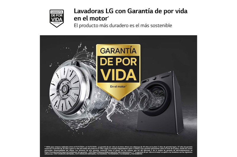 LG Lavadora inteligente AI Direct Drive, Vapor, 9kg , 1400rpm Un 10% más eficiente que A, Serie 500, F4WR5009A6M.OUTLET