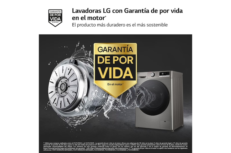 LG Lavadora inteligente AI Direct Drive. TurboWash 360º, Vapor+, 9kg , 1400rpm Un 10% más eficiente que A, Serie 700, F4WR7009AGS.OBSEXC