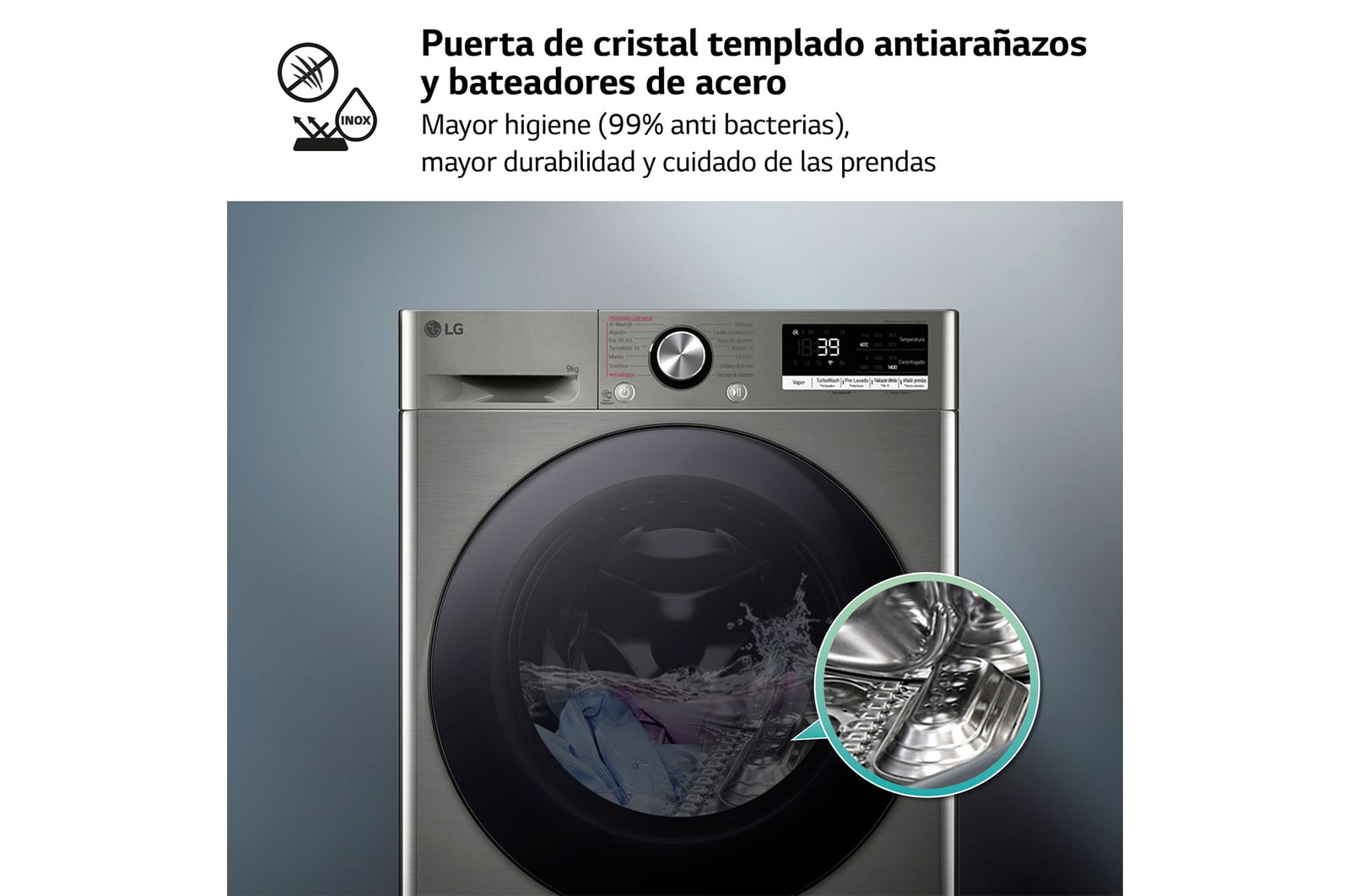 LG Lavadora inteligente AI Direct Drive. TurboWash 360º, Vapor+, 9kg , 1400rpm Un 10% más eficiente que A, Serie 700, F4WR7009AGS.OBSEXC