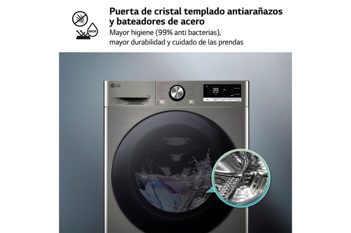 LG Lavadora inteligente AI Direct Drive. TurboWash 360º, Vapor+, 9kg , 1400rpm Un 10% más eficiente que A, Serie 700, F4WR7009AGS.OBSEXC