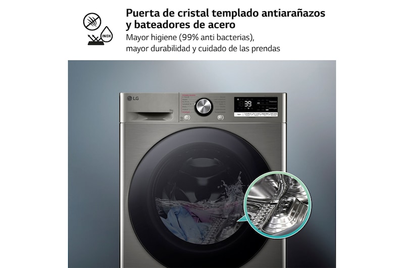 LG Lavadora inteligente AI Direct Drive. TurboWash 360º, Vapor+, 9kg , 1400rpm Un 10% más eficiente que A, Serie 700, F4WR7009AGS.OBSEXC