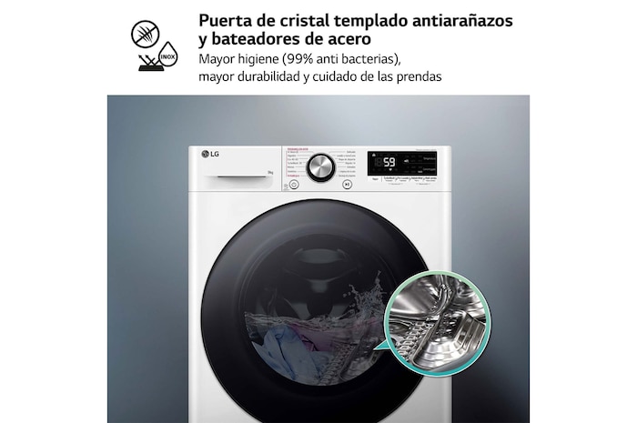 LG Lavadora inteligente AI Direct Drive. TurboWash 360º, Vapor+, 9kg , 1400rpm Un 10% más eficiente que A, Serie 700, F4WR7009AGW