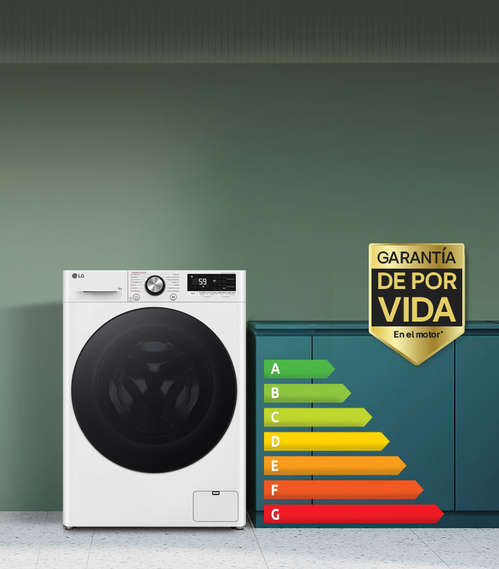 Lavadora LG con eficiencia energética A-10%, flecha verde ascendente, monedas flotantes alrededor.