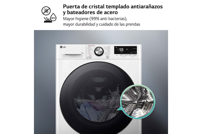 LG Lavadora 10kg , 1400rpm Un 10% más eficiente que A, TurboWash 360º- Steam +, F4WR7010AGW.ABWQWES