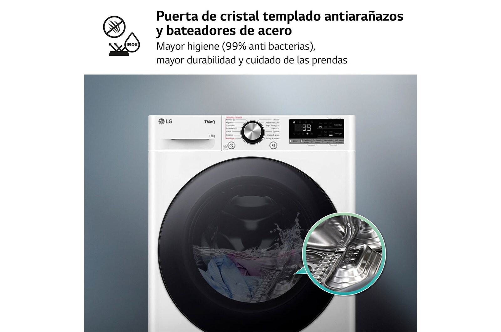 LG Lavadora inteligente AI Direct Drive. TurboWash 360º, Vapor+, 13kg , 1400rpm.Un 20% más eficiente que A, Serie 700, F4WR7013AGW