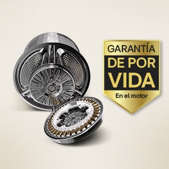 Hay un motor de la lavadora y el logotipo del MOTOR DEL INVERSOR DE POTENCIA DIRECTA GARANTÍA DE POR VIDA.