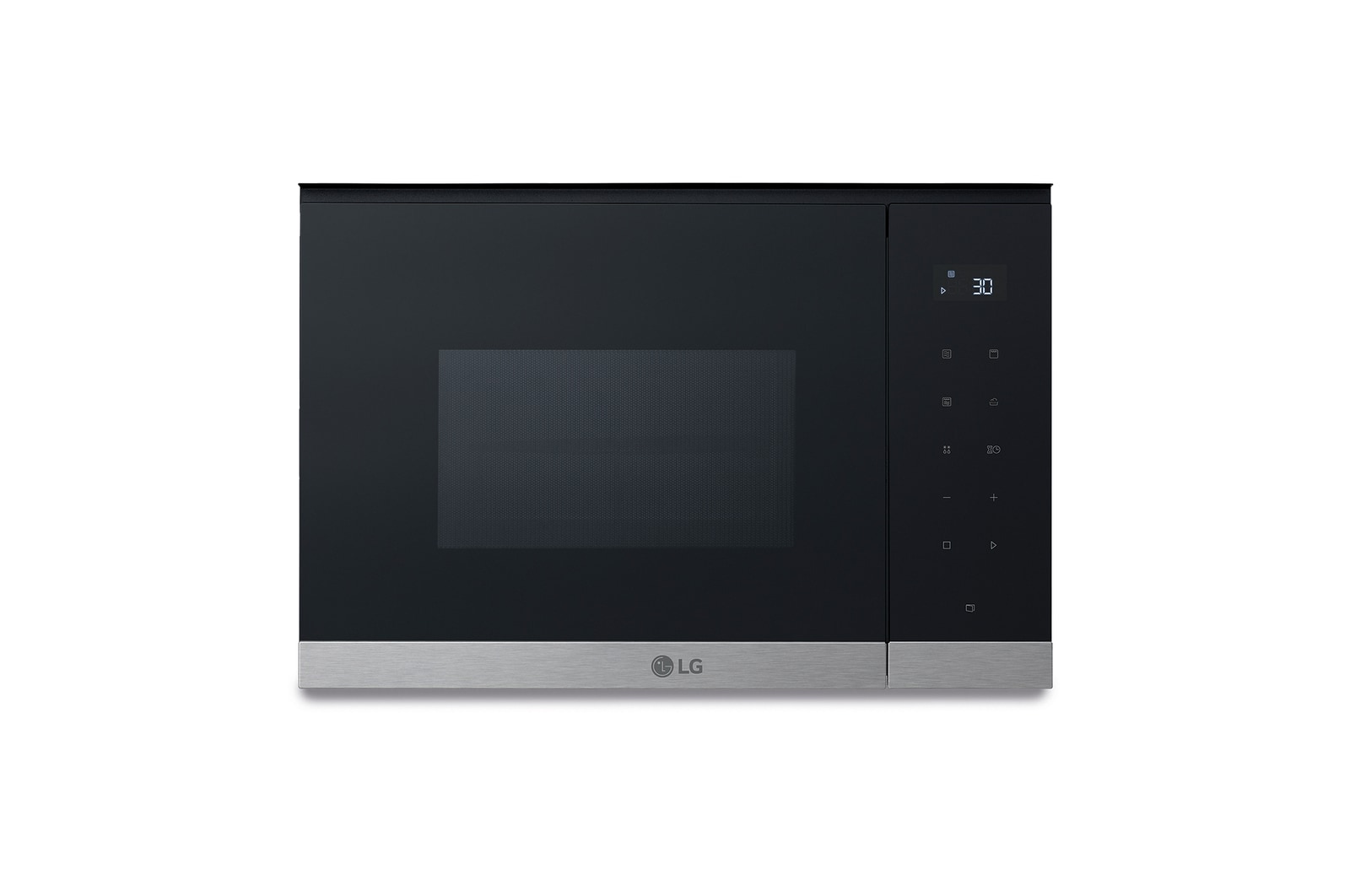 Vista frontal de  Microondas Grill Integrable| LG MG7Z2593D, 900W, 25L, cristal negro &#43; acero MG7Z2593D