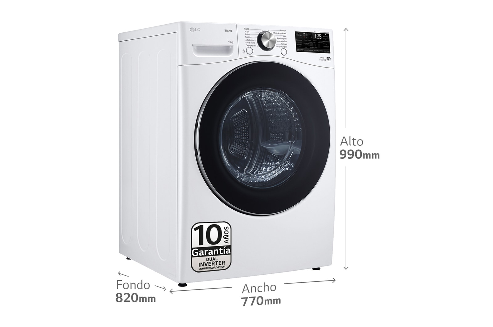 LG Outlet Secadora con Inteligencia Artificial 18kg, eficiencia A+++, con Bomba de calor Dual Inverter, Direct Drive, Blanca, Serie XXL, RH18U8AVCW.OUTLET