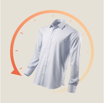 Imagen de una camisa con una flecha de línea de tiempo que muestra que TurboDry se completa en 81 minutos.