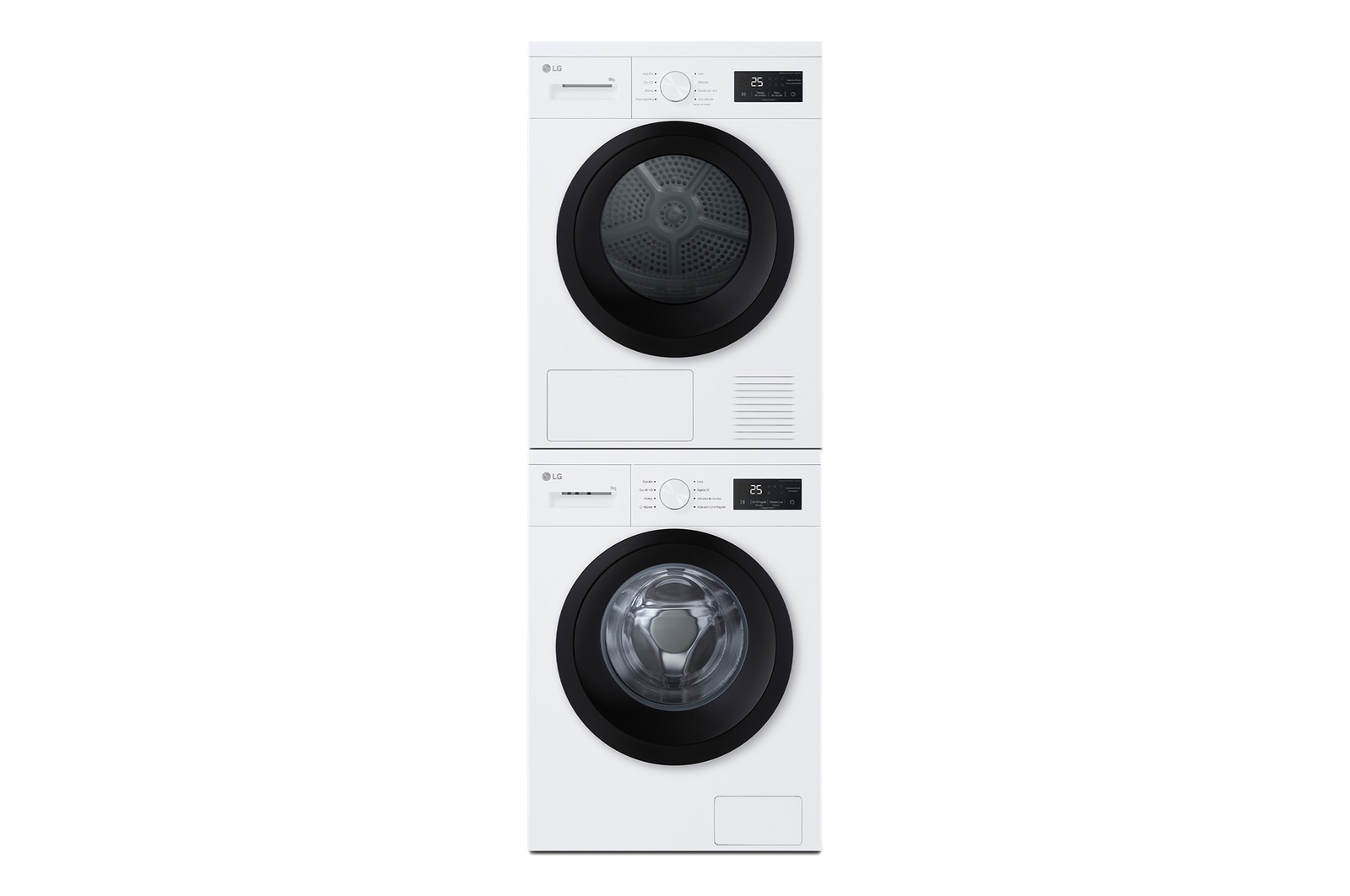 Vista frontal de Torre de lavado y secado| LG TORRE908NWK, Bomba de calor Dual Inverter, 9kg lavado, 8kg secado, 1400rpm, serie 100, clasificación A/D, Blanco TORRE908NWK.SET