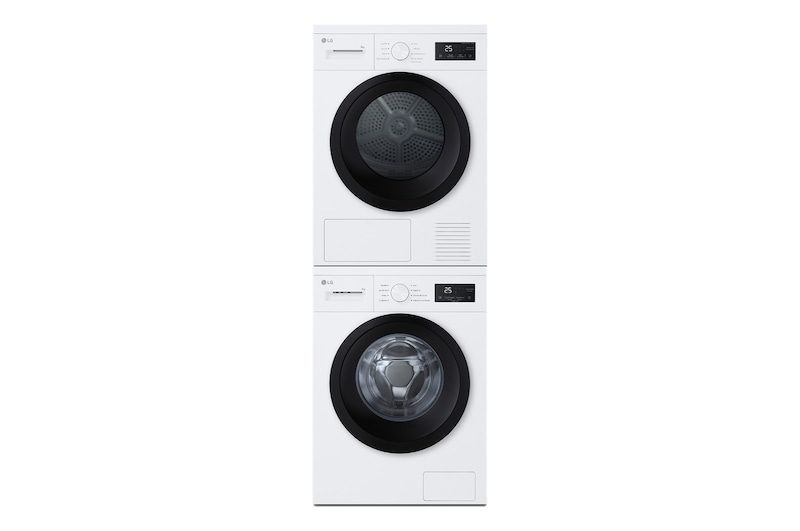 Vista frontal de Torre de lavado y secado| LG TORRE908NWK, Bomba de calor Dual Inverter, 9kg lavado, 8kg secado, 1400rpm, serie 100, clasificación A/D, Blanco TORRE908NWK.SET