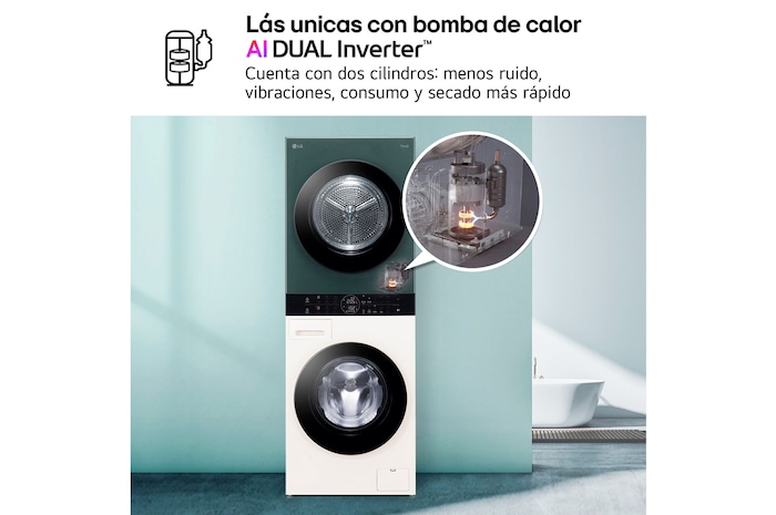 LG Torre de lavado y secado - Washtower | LG WT1210EGF, Direct Drive con inteligencia artificial, Bomba de calor Dual Inverter, 12kg lavado, 10kg secado, 1400rpm, clasificación A-10/C, Beige y Verde, WT1210EGF