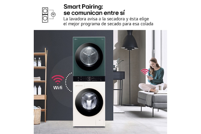 LG Torre de lavado y secado - Washtower | LG WT1210EGF, Direct Drive con inteligencia artificial, Bomba de calor Dual Inverter, 12kg lavado, 10kg secado, 1400rpm, clasificación A-10/C, Beige y Verde, WT1210EGF