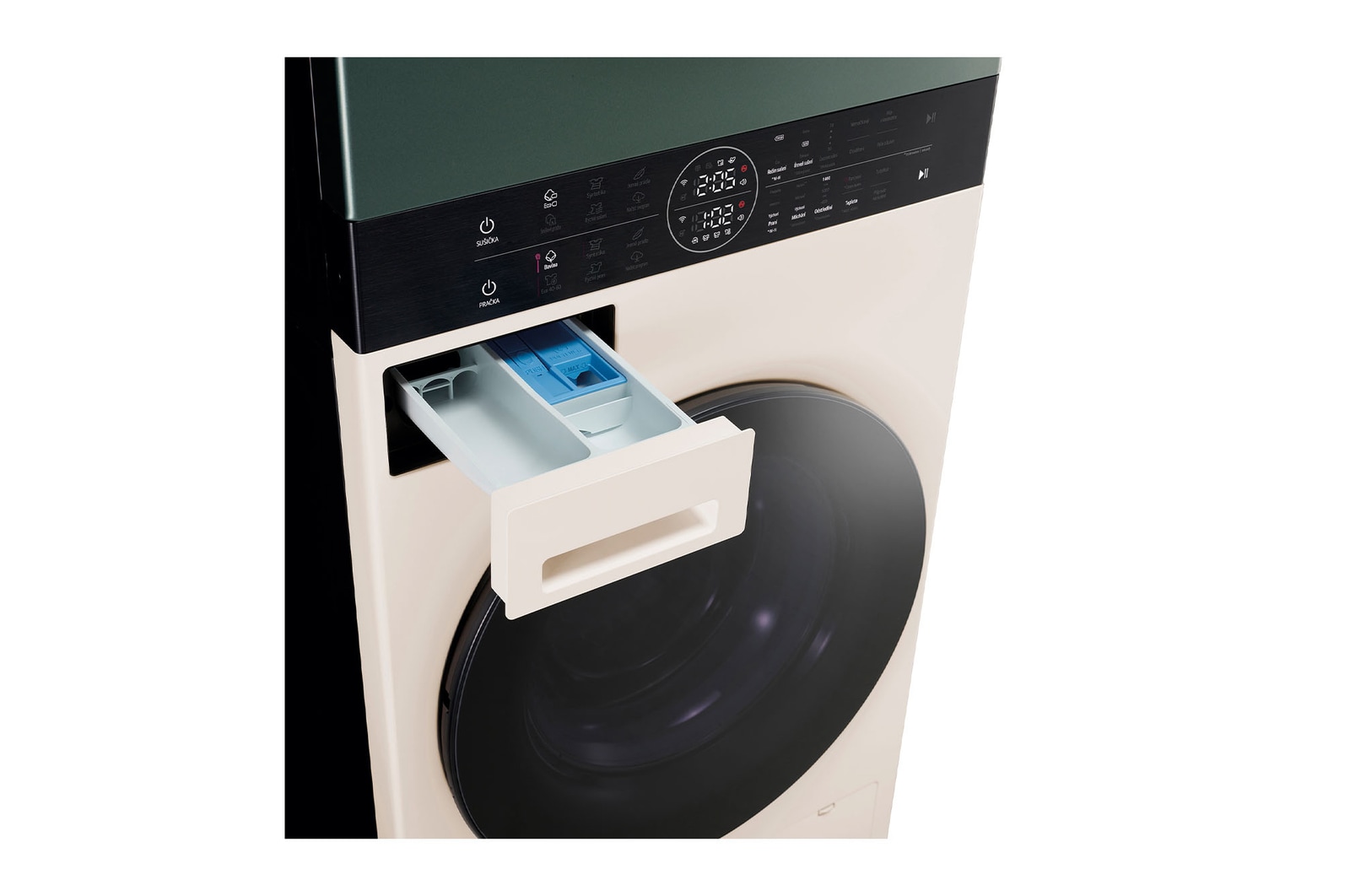 LG Torre de lavado y secado - Washtower | LG WT1210EGF, Direct Drive con inteligencia artificial, Bomba de calor Dual Inverter, 12kg lavado, 10kg secado, 1400rpm, clasificación A-10/C, Beige y Verde, WT1210EGF