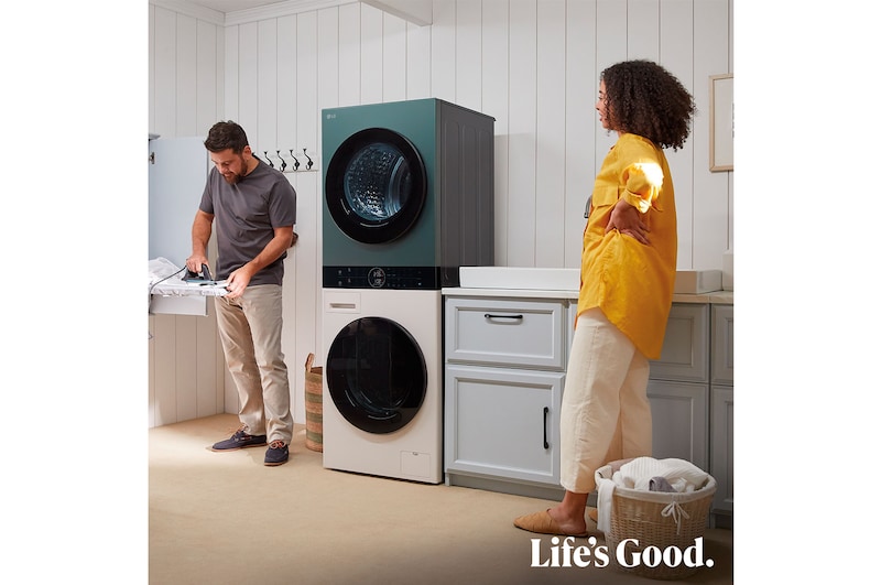 LG Torre de lavado y secado - Washtower | LG WT1210EGF, Direct Drive con inteligencia artificial, Bomba de calor Dual Inverter, 12kg lavado, 10kg secado, 1400rpm, clasificación A-10/C, Beige y Verde, WT1210EGF