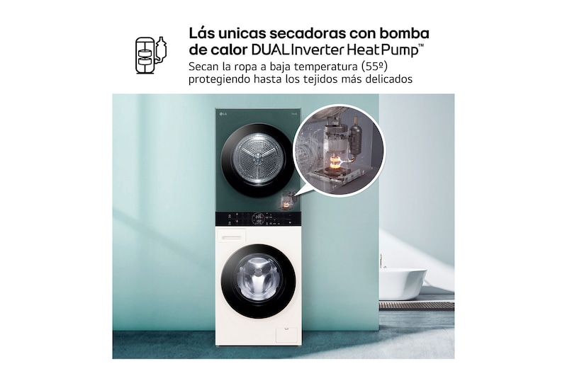 LG Torre de lavado y secado - Washtower | LG WT1210EGF, Direct Drive con inteligencia artificial, Bomba de calor Dual Inverter, 12kg lavado, 10kg secado, 1400rpm, clasificación A-10/C, Beige y Verde, WT1210EGF