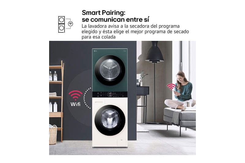 LG Torre de lavado y secado - Washtower | LG WT1210EGF, Direct Drive con inteligencia artificial, Bomba de calor Dual Inverter, 12kg lavado, 10kg secado, 1400rpm, clasificación A-10/C, Beige y Verde, WT1210EGF