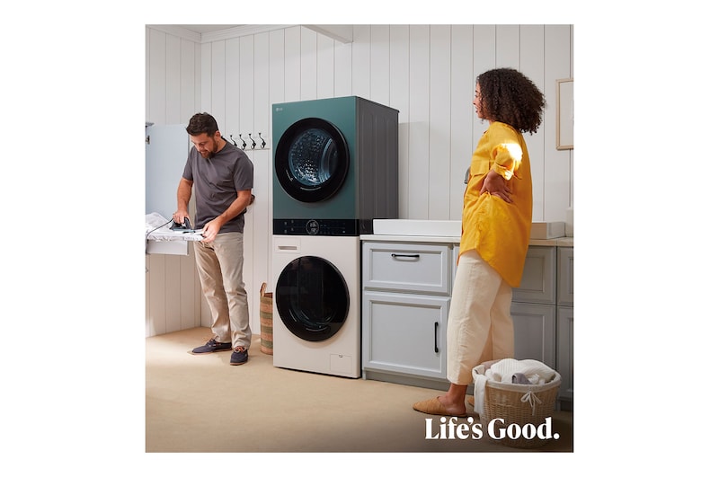 LG Torre de lavado y secado - Washtower | LG WT1210EGF, Direct Drive con inteligencia artificial, Bomba de calor Dual Inverter, 12kg lavado, 10kg secado, 1400rpm, clasificación A-10/C, Beige y Verde, WT1210EGF