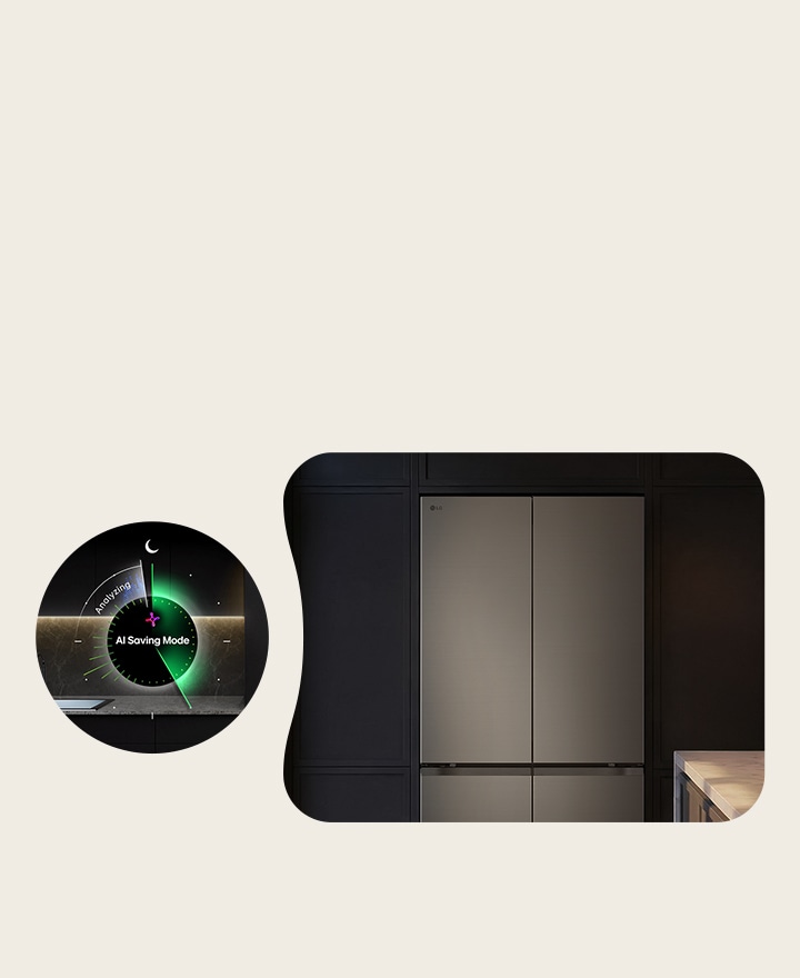 Front view of an LG refrigerator with the AI Saving Mode interface indicating energy-saving functionality.