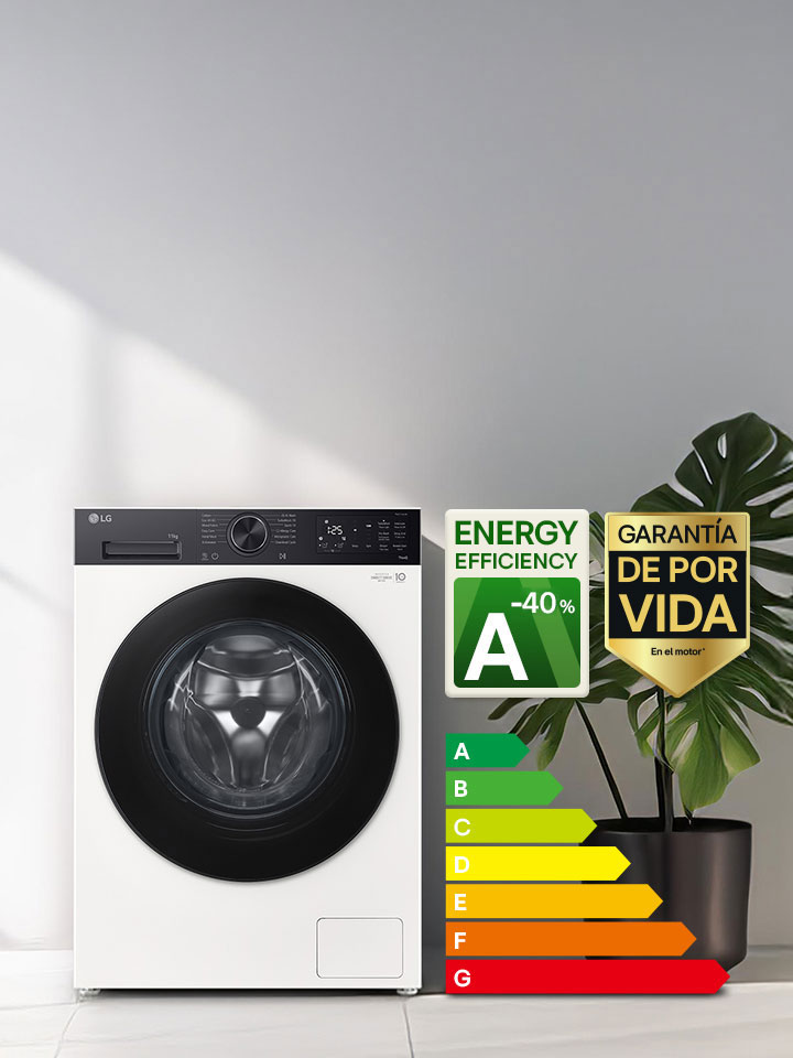 Imagen que muestra una lavadora en el salón con una calificación A de eficiencia energética junto a ella, que consume un 30 % menos de electricidad.
