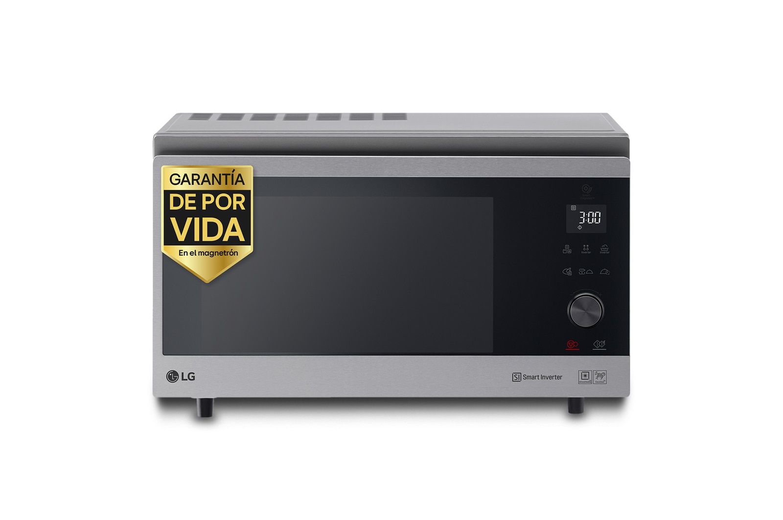 Vista frontal de Horno Convección Microondas 4 en 1  Smart Inverter, con función freidora de aire,  color Acero-Negro 1100W de 39 litros, MJ3965ACS