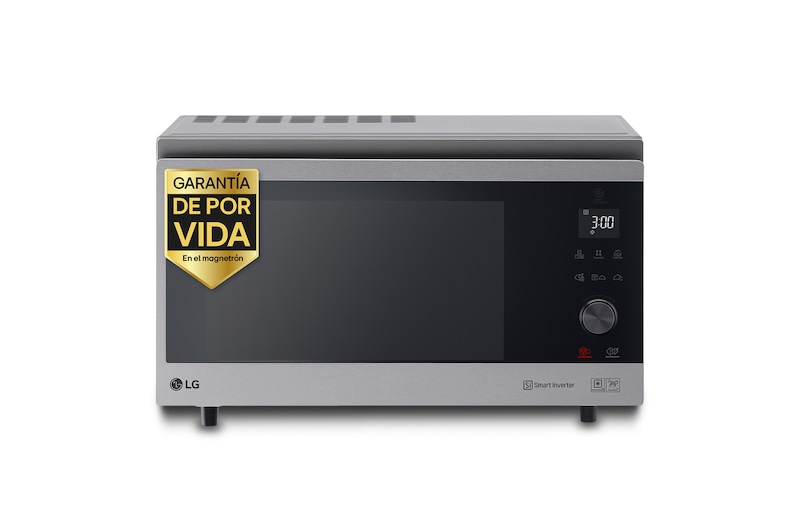 Vista frontal de Horno Convección Microondas 4 en 1  Smart Inverter, con función freidora de aire,  color Acero-Negro 1100W de 39 litros, MJ3965ACS