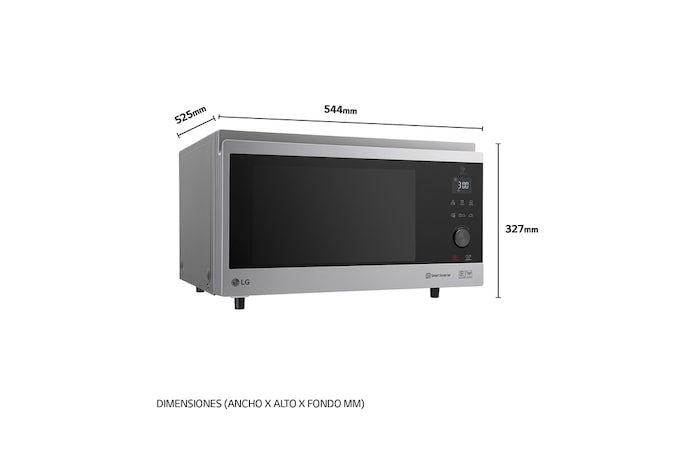 LG Horno Convección Microondas 4 en 1  Smart Inverter, con función freidora de aire,  color Acero-Negro 1100W de 39 litros, MJ3965ACS