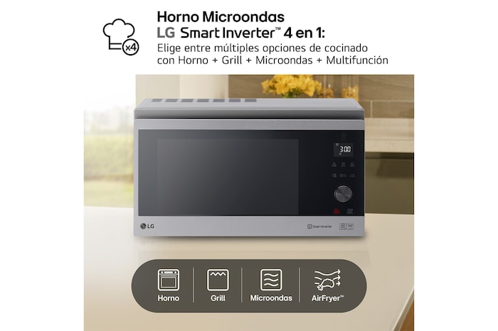 LG Horno Convección Microondas 4 en 1  Smart Inverter, con función freidora de aire,  color Acero-Negro 1100W de 39 litros, MJ3965ACS