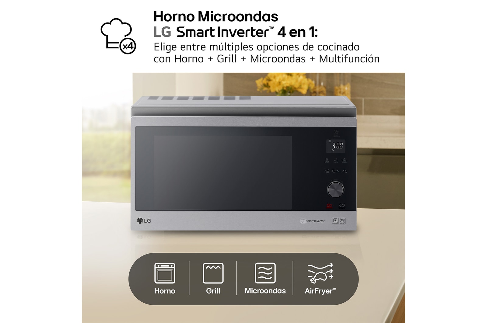 LG Horno Convección Microondas 4 en 1  Smart Inverter, con función freidora de aire,  color Acero-Negro 1100W de 39 litros, MJ3965ACS