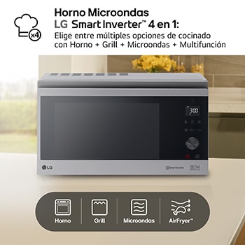 LG Horno Convección Microondas 4 en 1  Smart Inverter, con función freidora de aire,  color Acero-Negro 1100W de 39 litros, MJ3965ACS