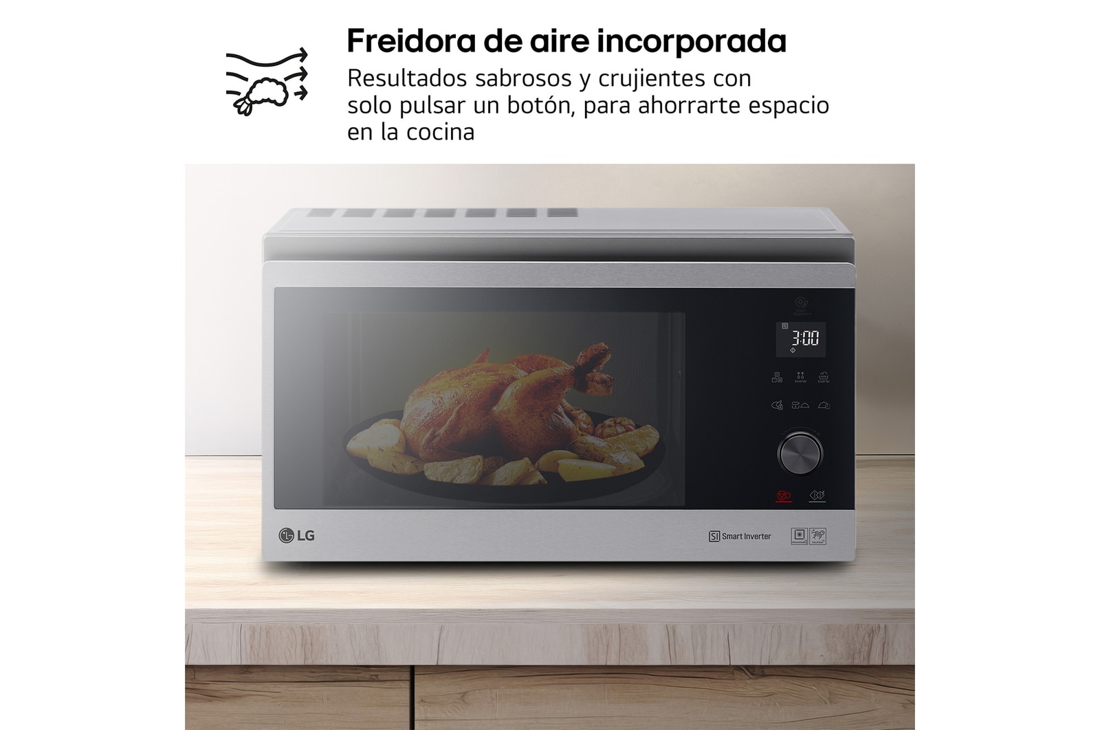 LG Horno Convección Microondas 4 en 1  Smart Inverter, con función freidora de aire,  color Acero-Negro 1100W de 39 litros, MJ3965ACS