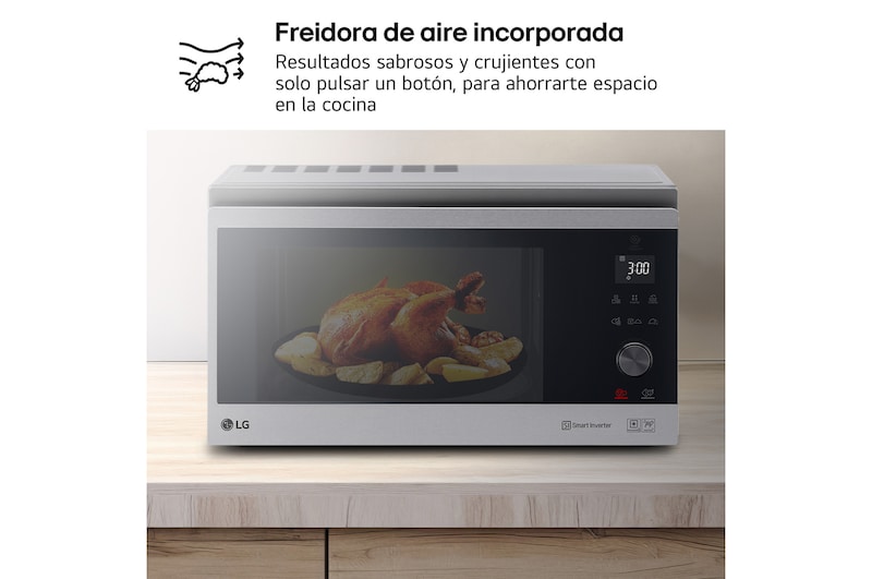 LG Horno Convección Microondas 4 en 1  Smart Inverter, con función freidora de aire,  color Acero-Negro 1100W de 39 litros, MJ3965ACS