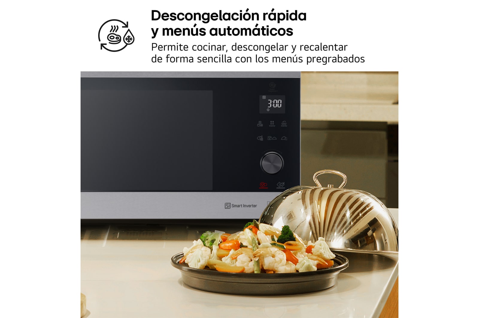 LG Horno Convección Microondas 4 en 1  Smart Inverter, con función freidora de aire,  color Acero-Negro 1100W de 39 litros, MJ3965ACS