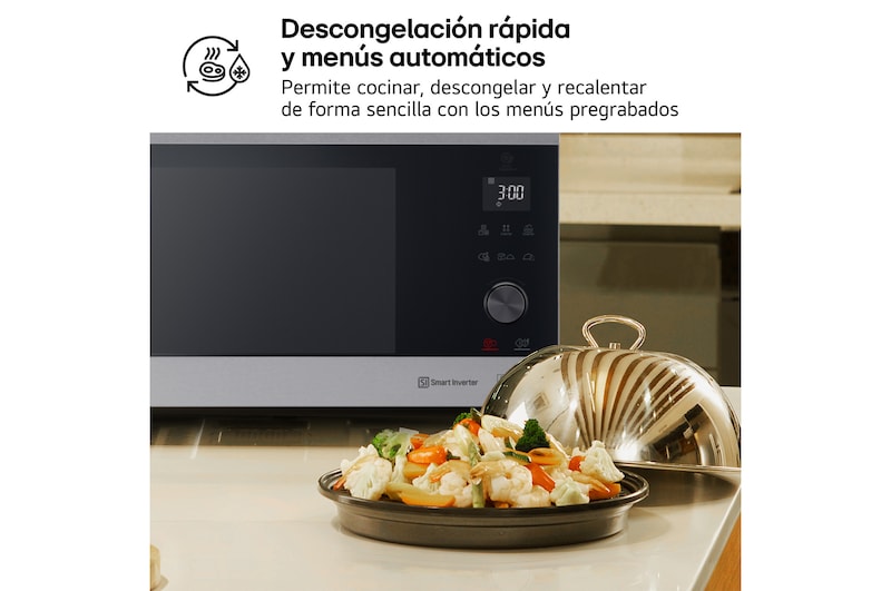 LG Horno Convección Microondas 4 en 1  Smart Inverter, con función freidora de aire,  color Acero-Negro 1100W de 39 litros, MJ3965ACS
