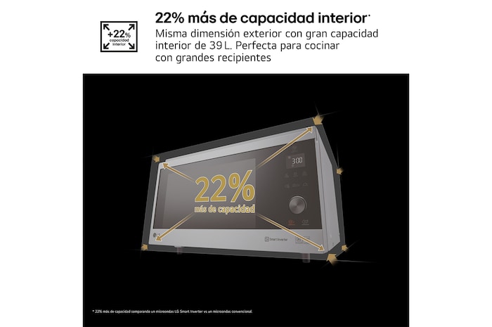 LG Horno Convección Microondas 4 en 1  Smart Inverter, con función freidora de aire,  color Acero-Negro 1100W de 39 litros, MJ3965ACS