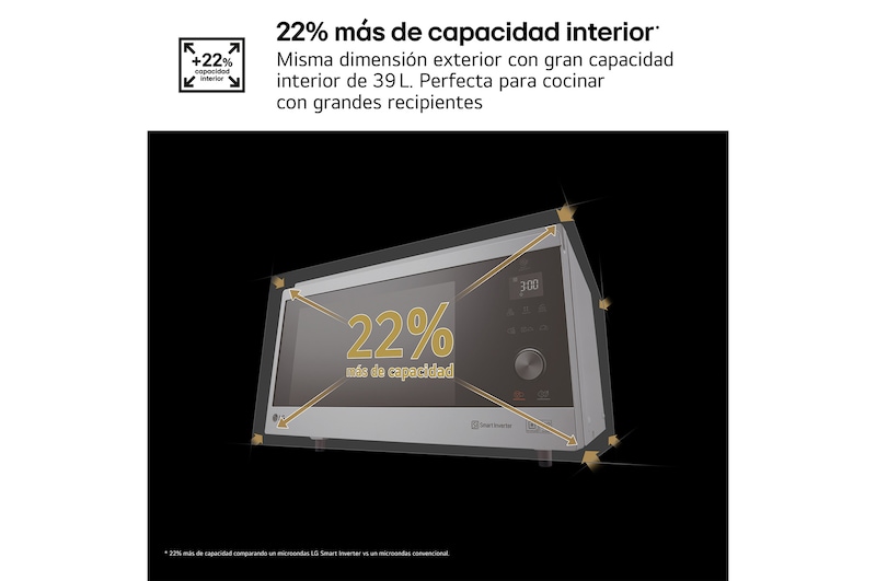 LG Horno Convección Microondas 4 en 1  Smart Inverter, con función freidora de aire,  color Acero-Negro 1100W de 39 litros, MJ3965ACS