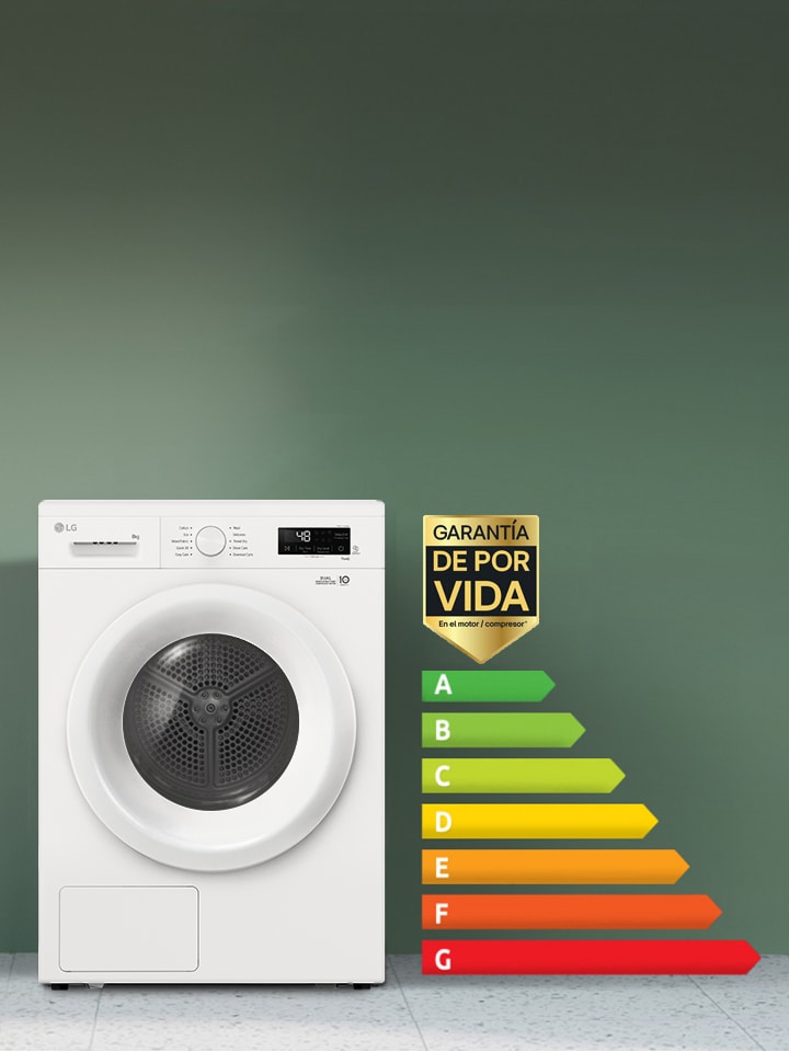 Imagen de una secadora frente a una pared verde con una clasificación energética a su lado.