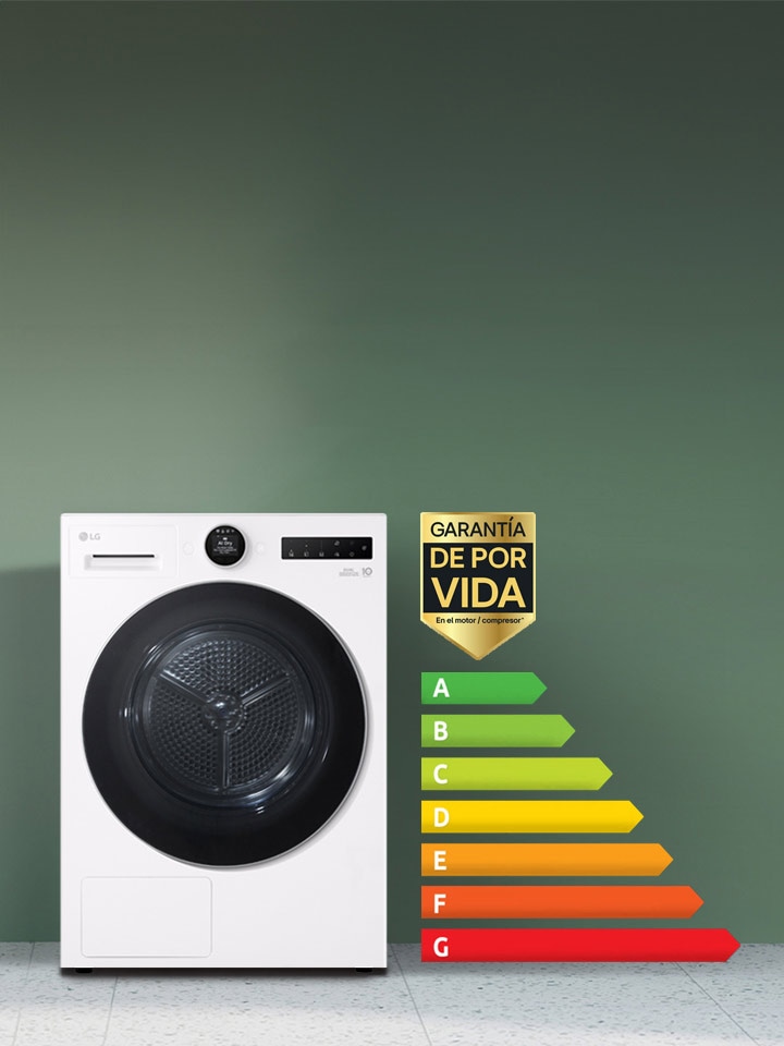 Imagen de una secadora frente a una pared verde con una clasificación energética a su lado.