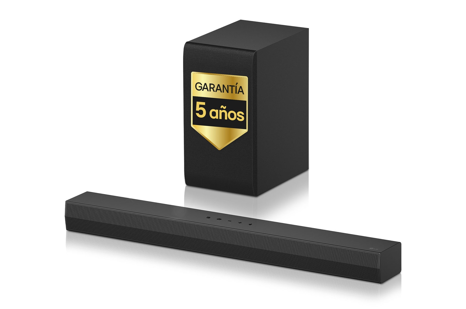 Vista frontal de la LG Soundbar S40T y un subwoofer