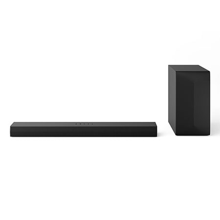 Vista frontal de la LG Soundbar S60T y un subwoofer