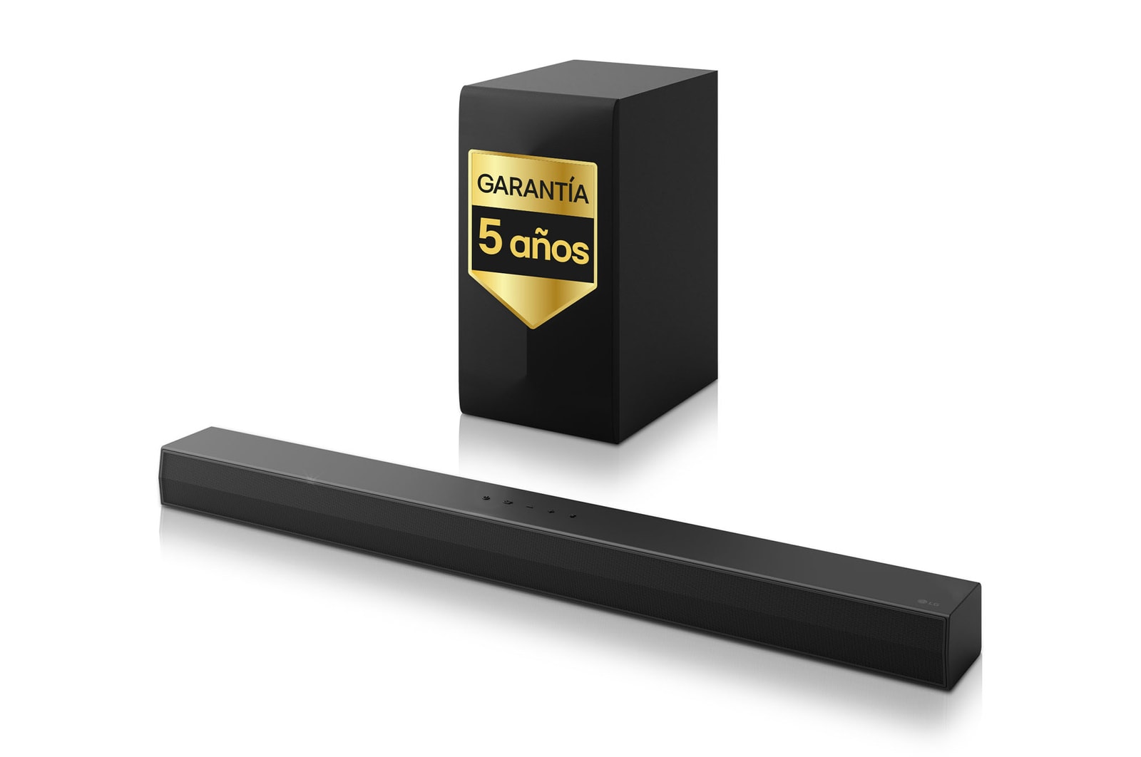 Vista frontal de la LG Soundbar S60T y un subwoofer
