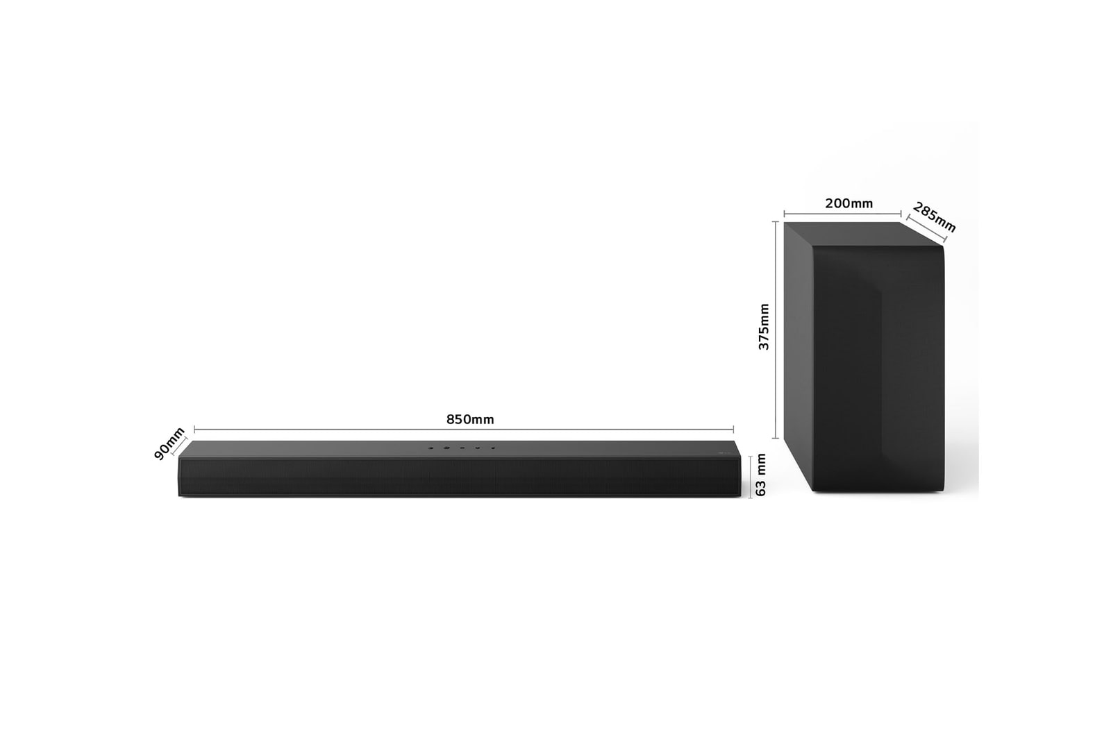 Vista angular de la LG Soundbar S60T y un subwoofer